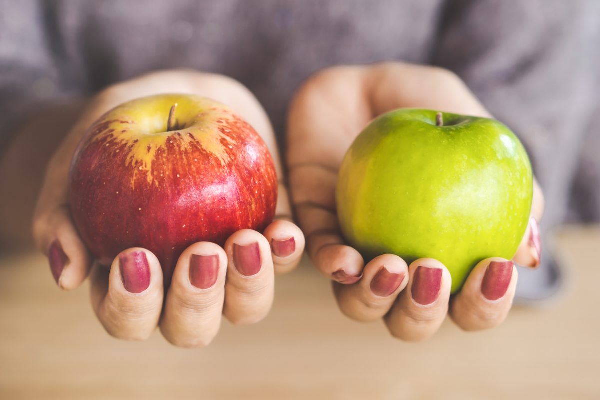 woman hand holding red and green appl